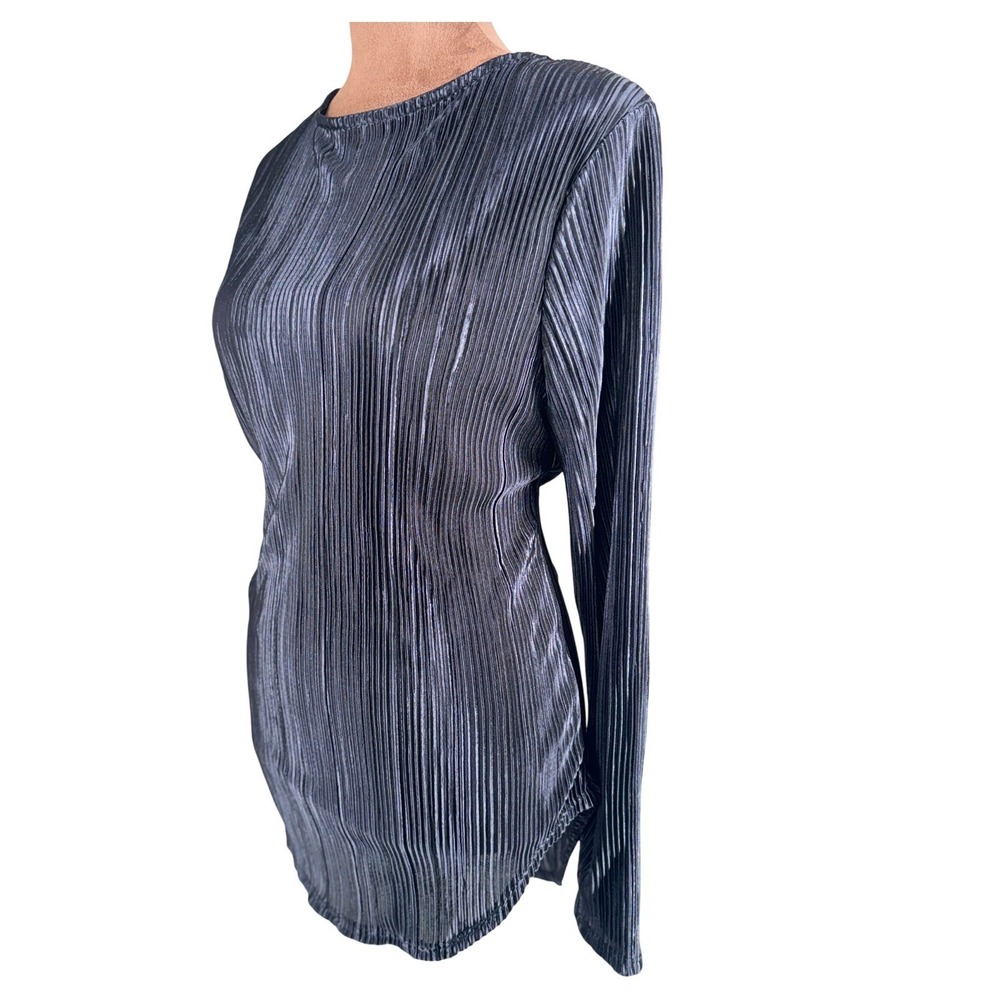 Inner Beauty Pleated Blouse Top Women's L Black Shimmer Stretch NWOT Shirt - Picture 2 of 7